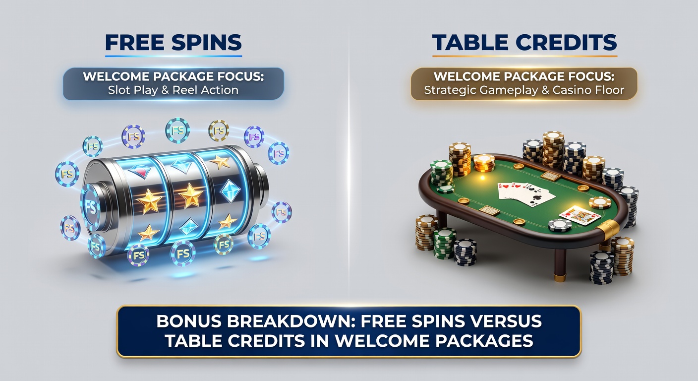 Visual comparison of free spins on slot machines and table credits at blackjack and roulette tables in an online casino welcome package